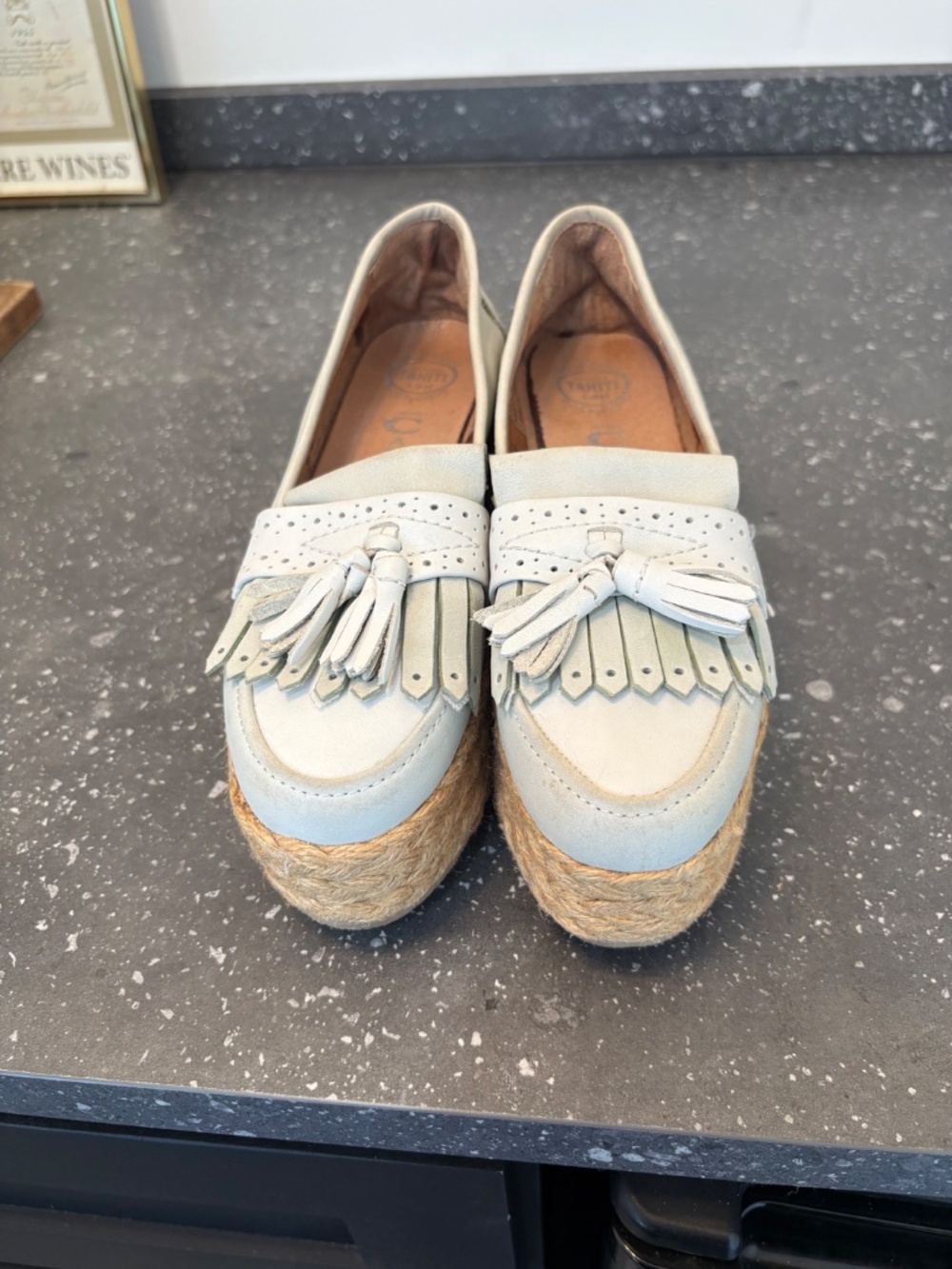 Jeffrey Campbell Light Blue and Cream Espadrille Tassel Loafers